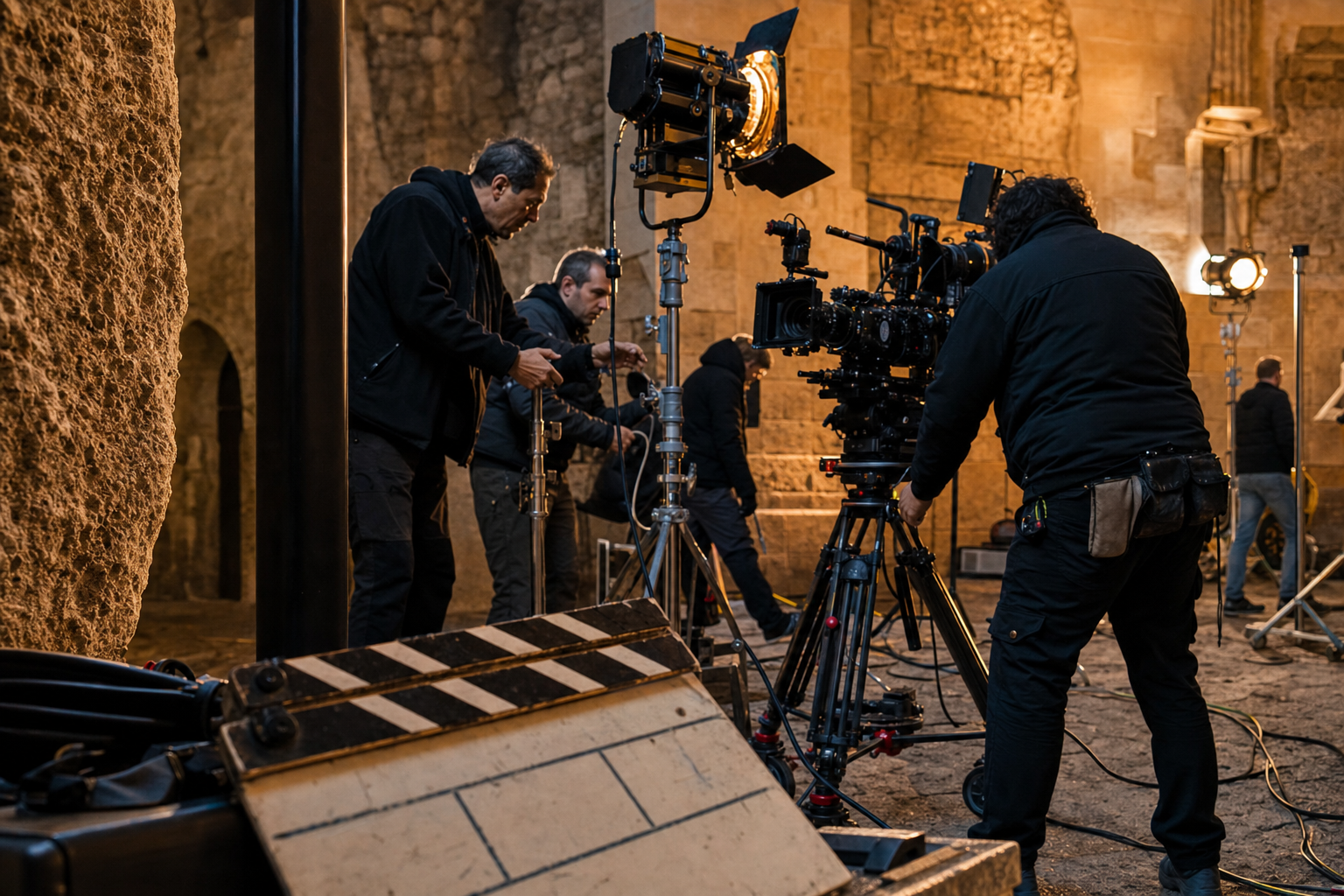 Dietro le quinte di una produzione video Focale, troupe che monta le luci sul set