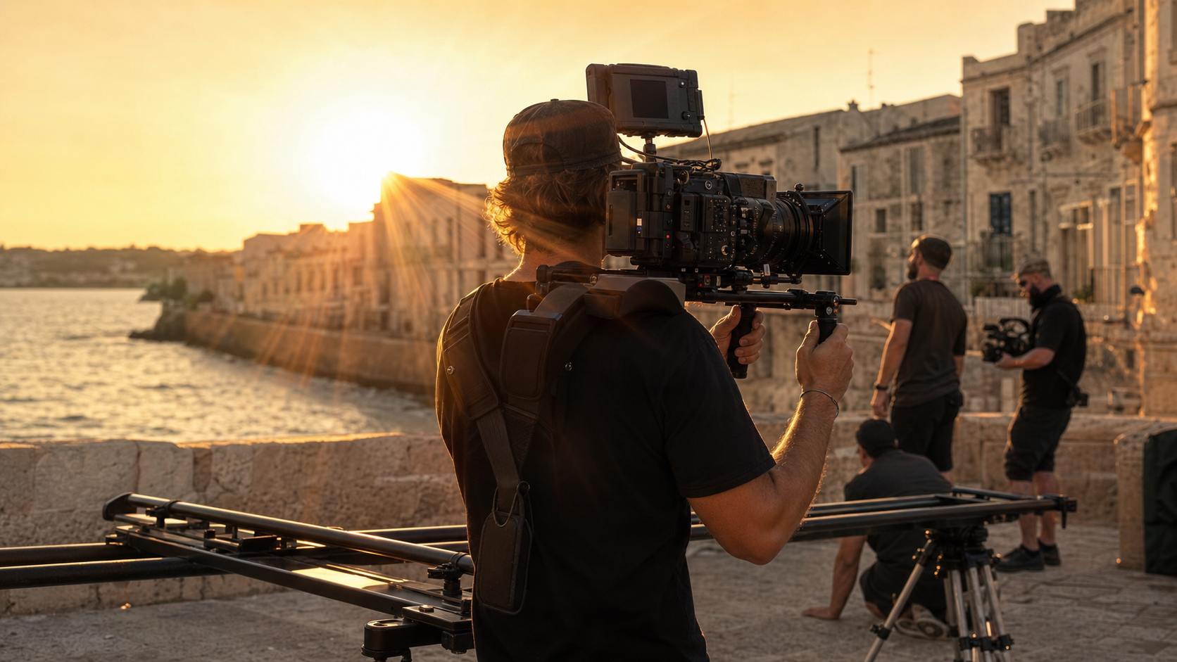 Troupe di Focale in ripresa al tramonto sul lungomare di Ortigia, Siracusa
