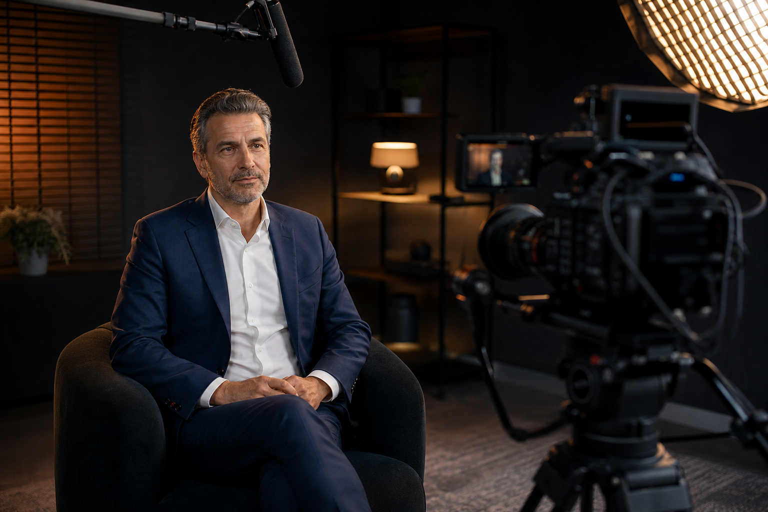 Set di ripresa per un'intervista aziendale con illuminazione professionale, studio Focale Siracusa