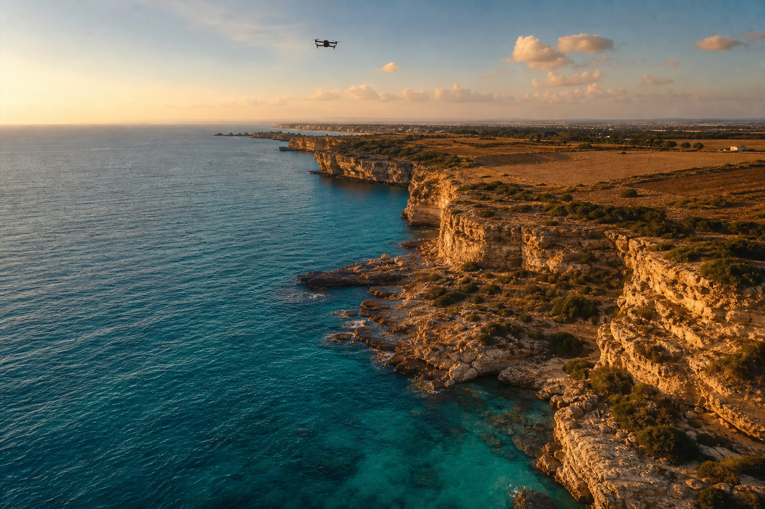 Ripresa aerea con drone della costa rocciosa siracusana al tramonto
