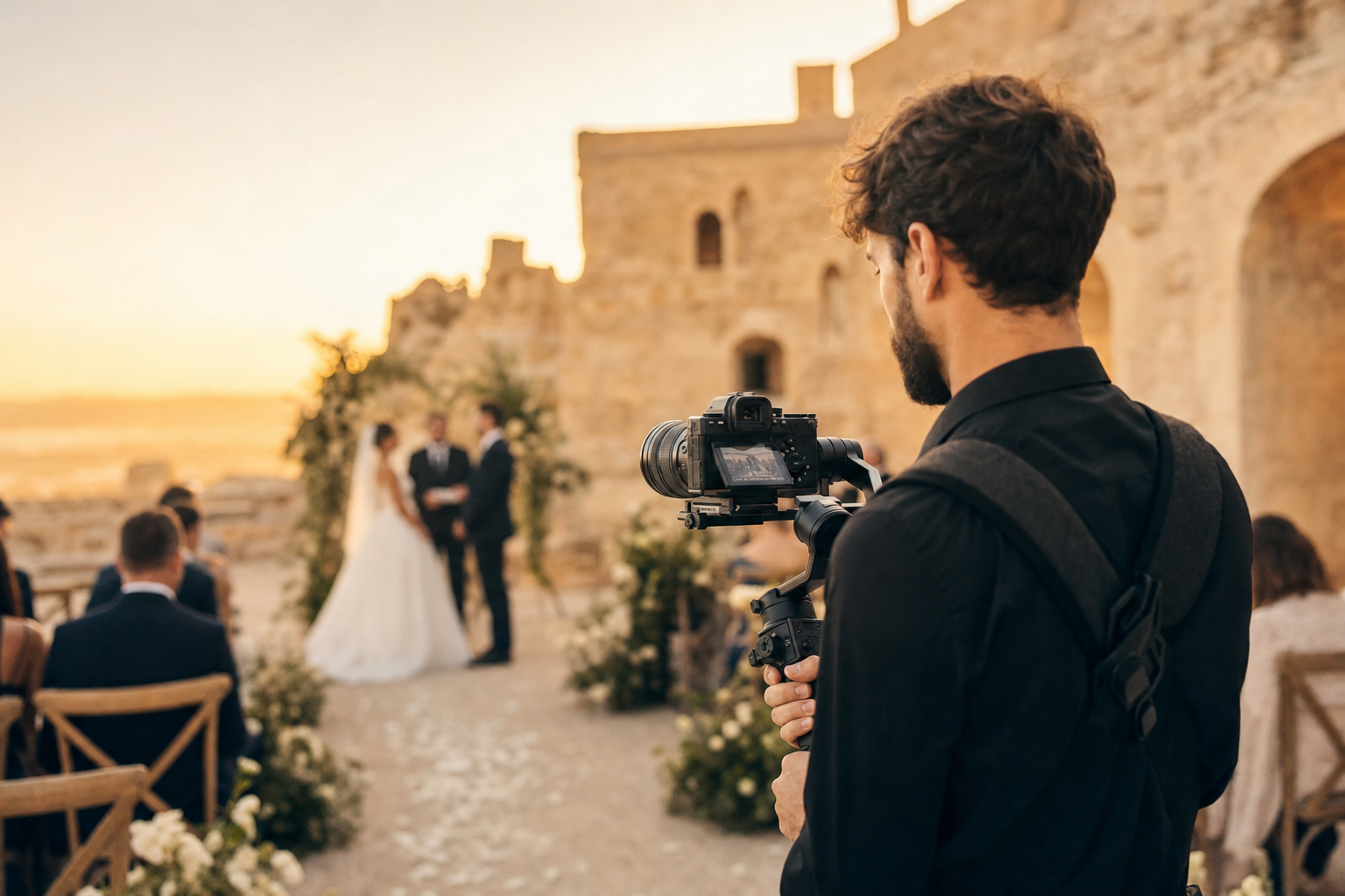 Videomaker che riprende una cerimonia all'aperto in Sicilia al tramonto