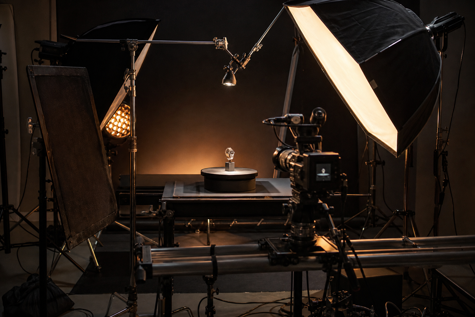 Set fotografico per uno spot pubblicitario con illuminazione professionale e slider
