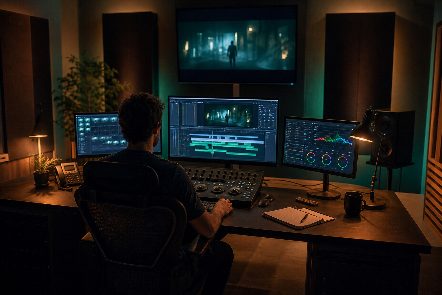 Sala di montaggio video e color grading dello studio Focale, monitor accesi di notte