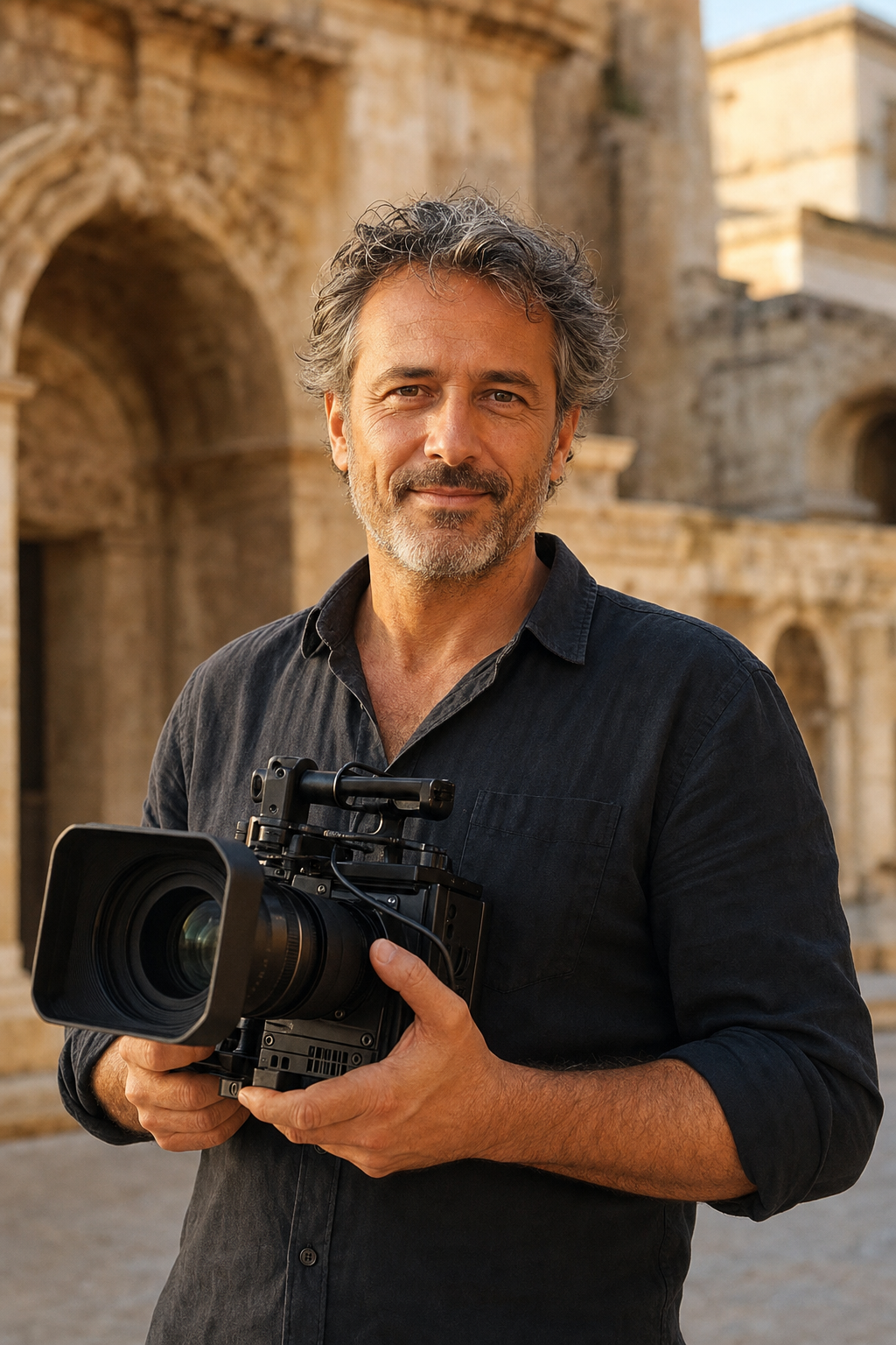 Lorenzo Villa, fondatore di Focale, con attrezzatura video professionale a Ortigia, Siracusa